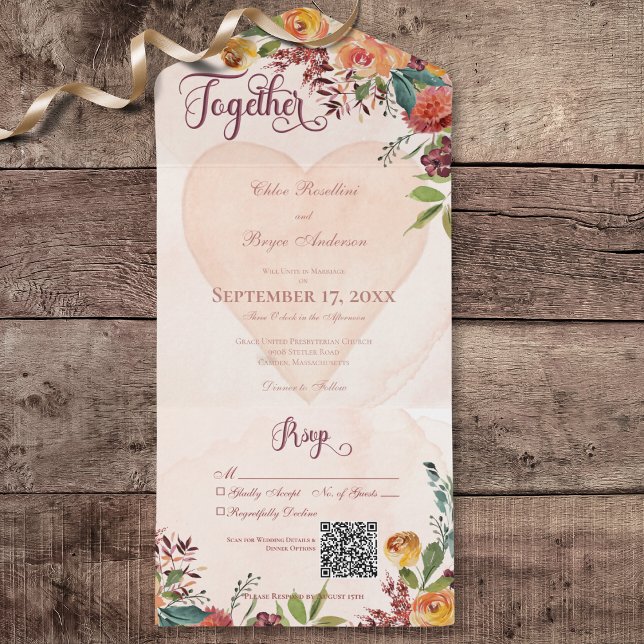 Floral Boho Heart Peach Jewel Código QR (Floral Boho Heart Peach Jewel All In One Wedding Invitation with QR Code)