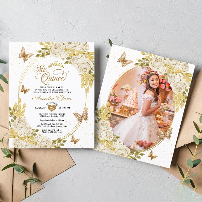 Floral Branco Borboleta Dourada Foto Quinceañera (Criador carregado)