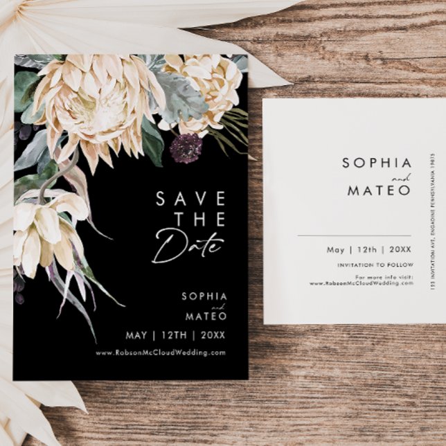 Floral Branco | Cartão Postal Black Save The Date (Criador carregado)