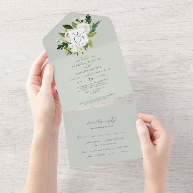 Floral Branco Elegante | Casamento Sage Mint Monog (Tearaway)