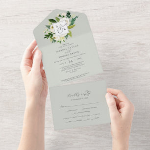 Floral Branco Elegante Casamento Sage Mint Monog