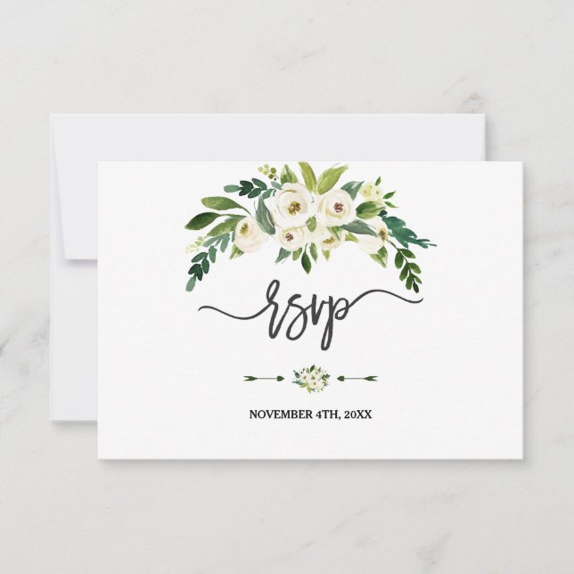 Floral Branco Moderno com Caligrafia RSVP (Frente)