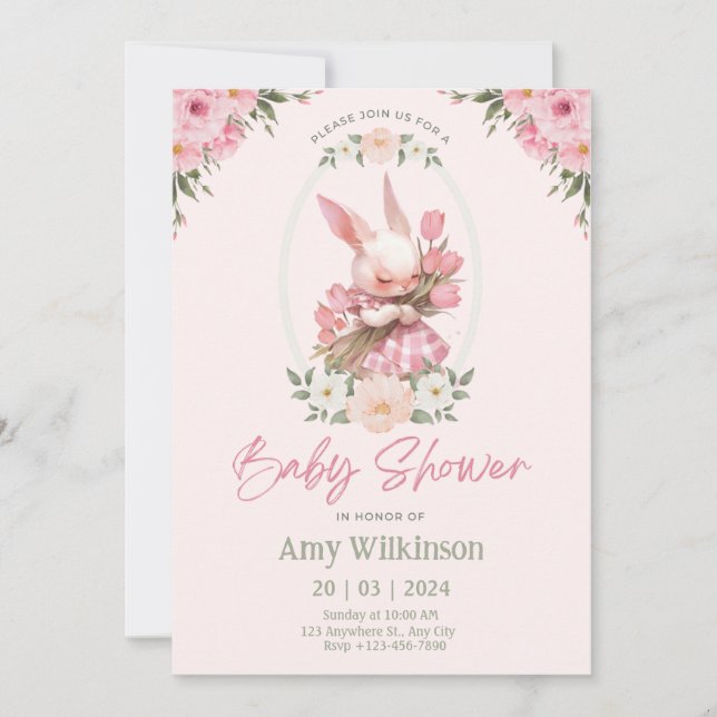 Floral Bunny Babyshower Convite Preppy (Frente)