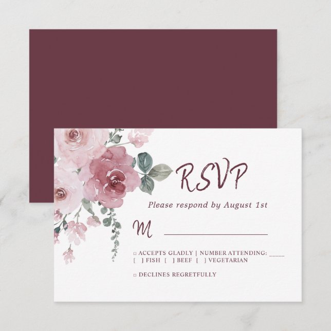 Floral Burgundy Dusty Rosa Rosa Casado RSVP (Frente/Verso)