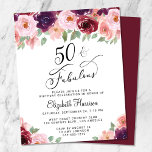 Floral Burgundy Rosa 50º Convite de Aniversário<br><div class="desc">Convite de aniversário elegante,  chic e econômico com 50º  com "50 & Fabuloso" escrito em na moda e buquês de cor d'água de vermelho borrado,  rosa esbranquiçado e plum roxo com verde leve. Personalize facilmente com seu nome e os detalhes da festa.</div>