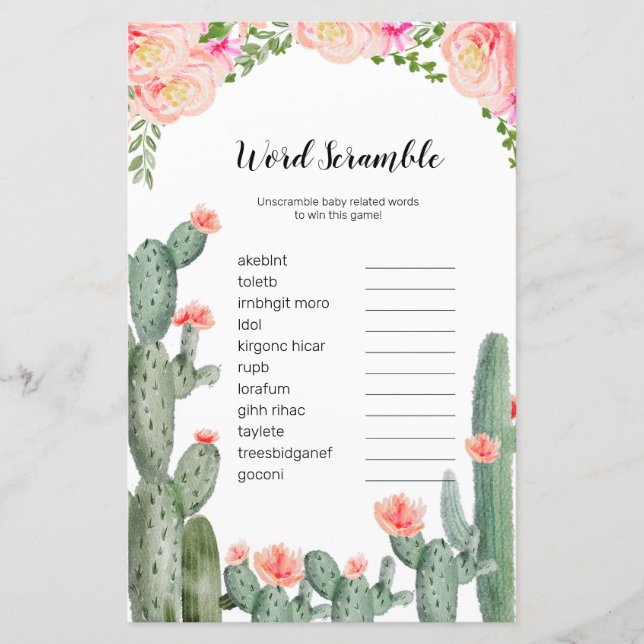 Floral Cactus Watercolor Word Scramble Game (Frente)