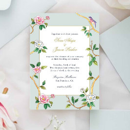 Floral Chinoiserie Cinza Azul Convite para Casamen