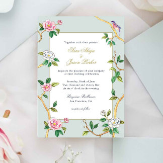 Floral Chinoiserie Cinza Azul Convite para Casamen