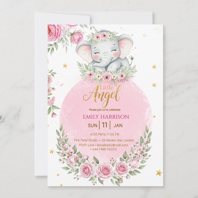Floral Cute Elephant Girl Baby Shower Invitation (Frente)