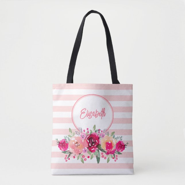 Floral de Aquarela em Stripes Rosa Monograma Bolsa (Frente)