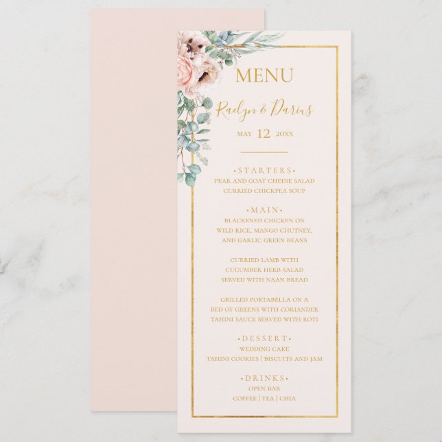 Floral de Blush Elegante | Menu Janto Pastel Weddi (Frente/Verso)