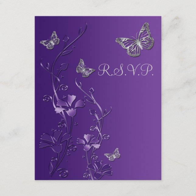 Floral de Cinza roxa com borboletas RSVP Card 2 (Frente)