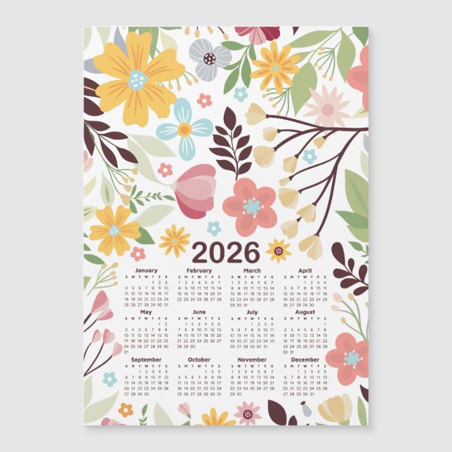 Floral de Desenho Multicolorido do Calendário 2026 (Frente)