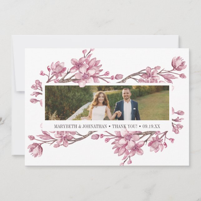 Floral De Flor De Cereja Rosa, Obrigado Cartão com (Frente)