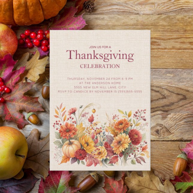 Floral de Outono Rústico em Linho para Ação de Gra (Autumn floral Thanksgiving Dinner invitation)