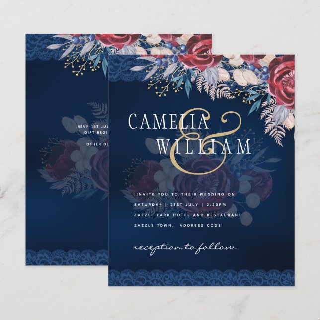 Floral de Renda Azul Atemporal Casamento Borgonha (Frente/Verso)
