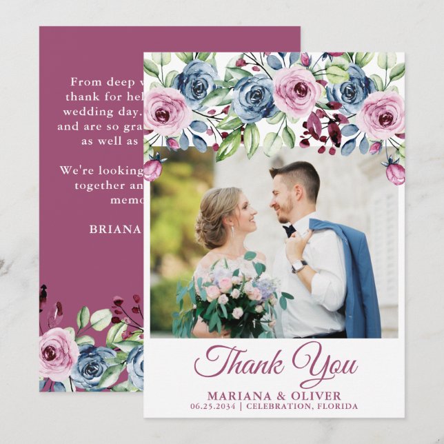 Floral de Vinho Azul Cartões de agradecimentos de  (Frente/Verso)