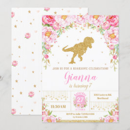 Floral Dinossaur Birthday - Convite Rapariga T-rex