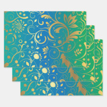 Floral Dourado em Fundo Gradiente Verde e Azul