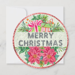 Floral e Presente Feliz Cartão Redondo de Natal