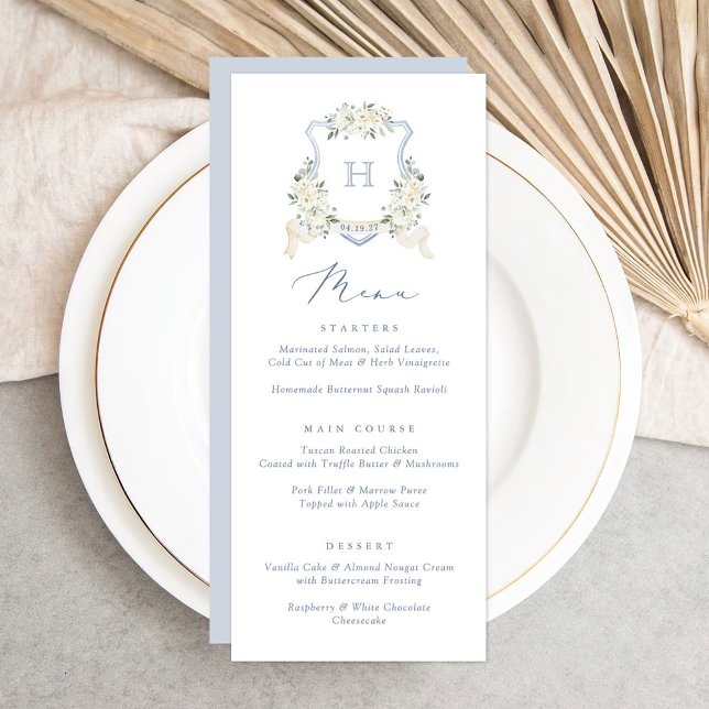 Floral Elegant Dusty Blue White Wedding Crest Menu (Criador carregado)