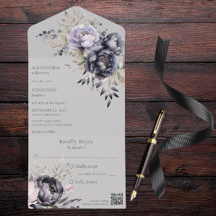 Floral Elegante Preto e Lavanda na Cinza Código QR