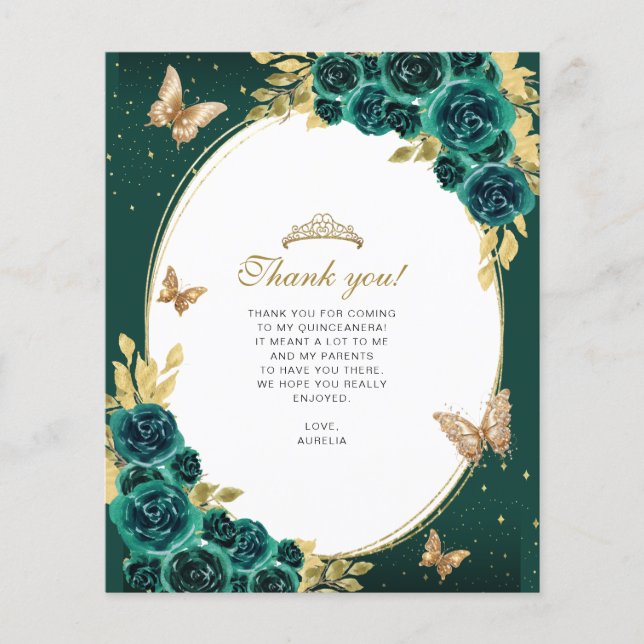 Floral Emerald Dourada Butterfly Quinceañera Foto (Frente)
