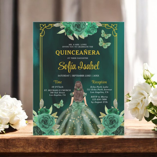 Floral Emerald Green Butterfly Dourada Quinceanera (Criador carregado)