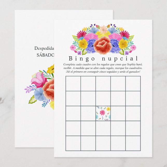 Floral Espanhol Fiesta Chá de panela Bingo (Frente/Verso)