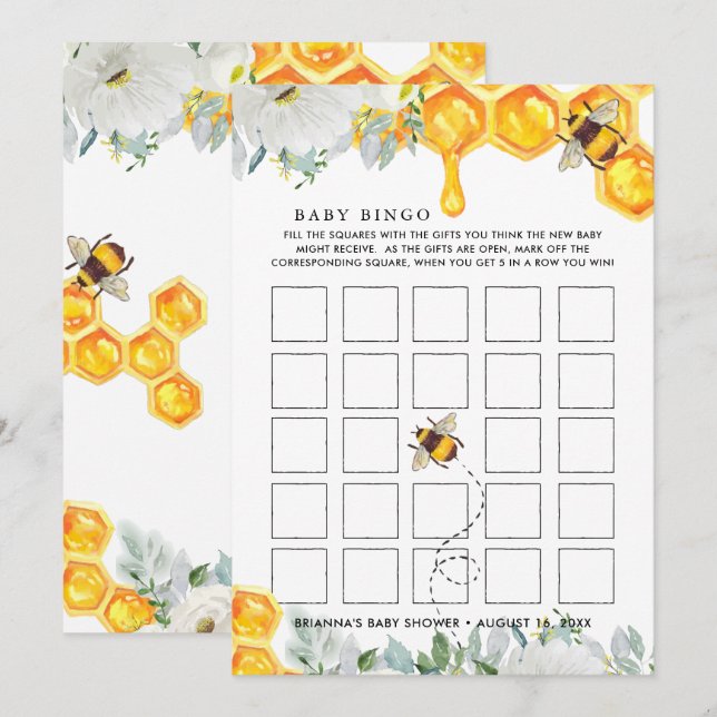 Floral Favo de Mel | Cartão de Bingo para Chá de B (Frente/Verso)