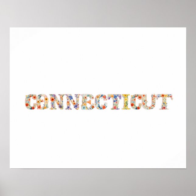 Floral Font State Art Impressão (CONNECTICUT) (Frente)