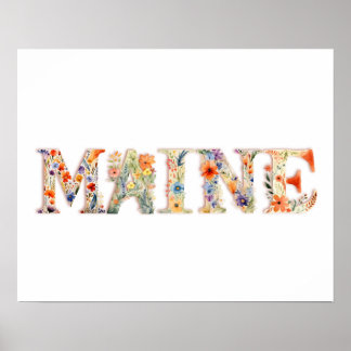 Floral Font State Art Impressão (Maine)