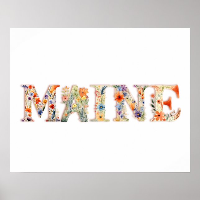 Floral Font State Art Impressão (Maine) (Frente)
