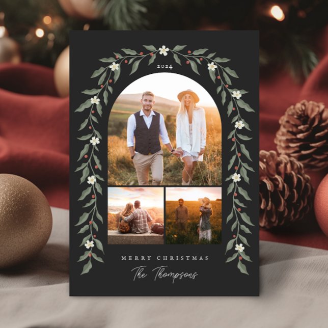 Floral Garland Archou 3 Fotografias - Cartão de Na (Floral Garland Arched 3 Photo Black Christmas Card)