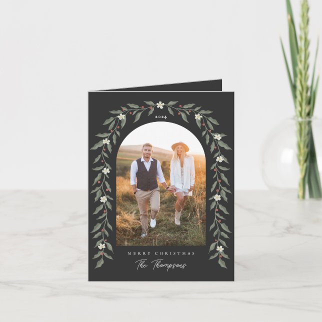 Floral Garland Archou Foto Negra Cartão de Natal (Frente)