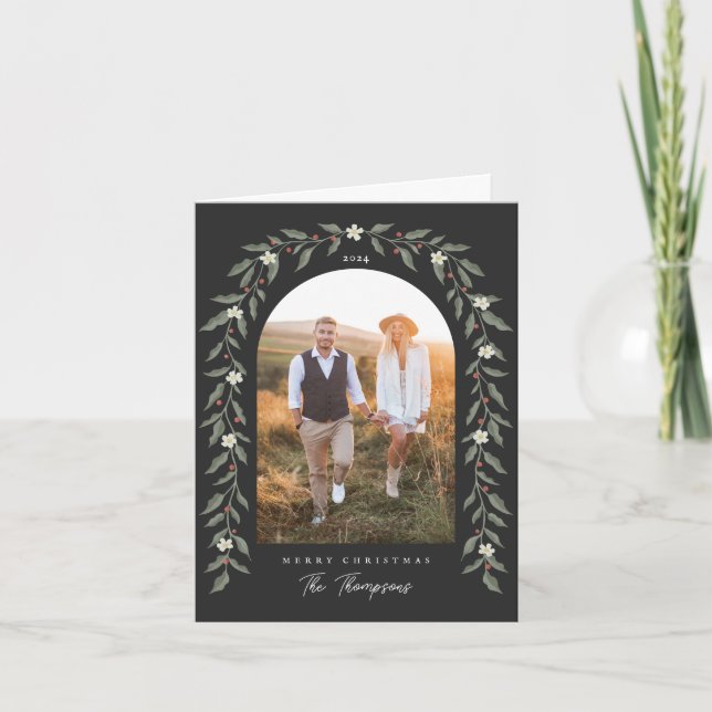 Floral Garland Archou Foto Negra Cartão de Natal (Frente)