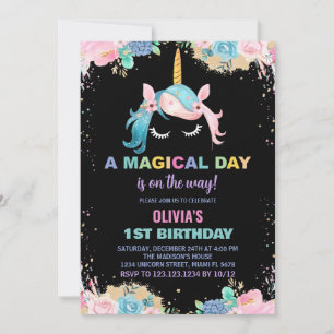 Floral Gillter Unicorn - Convites de Aniversário