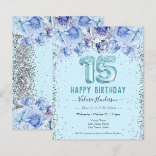 Floral Glitter Azul Claro 15 Feliz Aniversário