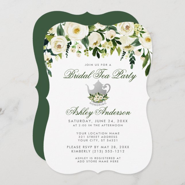 Floral Green Bridal Tea Party Prata Convite GB (Frente/Verso)