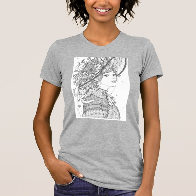 Floral Hat Lady Ink Art T-Shirt (Frente)