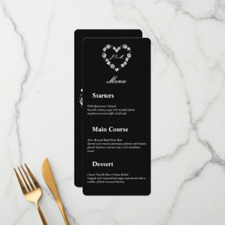 Floral Heart Black And White Wedding Menu