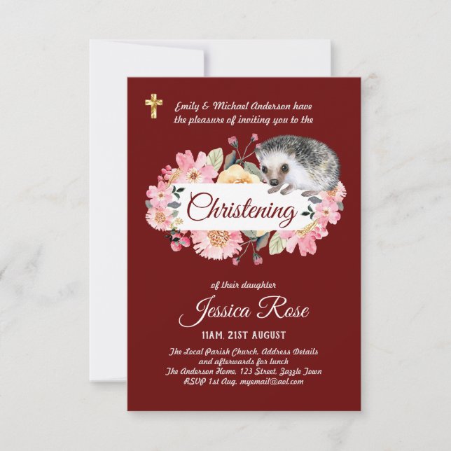 Floral Hedgehog Christening Convida Baptism (Frente)