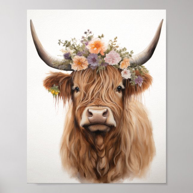 Floral Highland Cow Poster (Frente)
