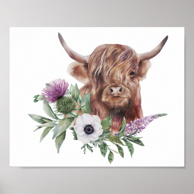 Floral Highland Cow Watercolor Impressão (Frente)