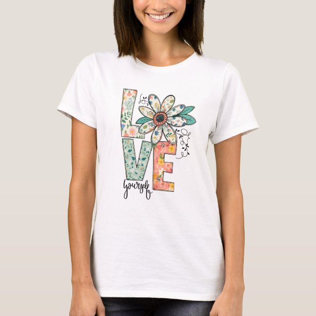 Floral LOVE Retro Daisy Illustration T-Shirt (Frente)