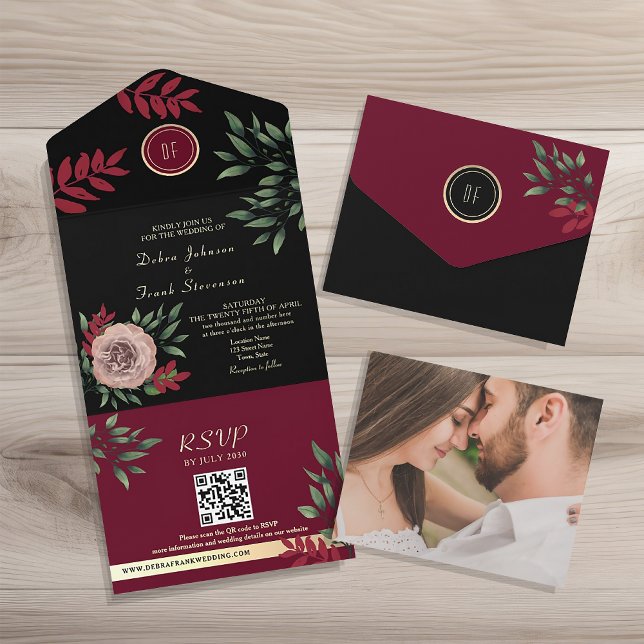 Floral Mal-humorada Casamento Preto Borgonha (Criador carregado)