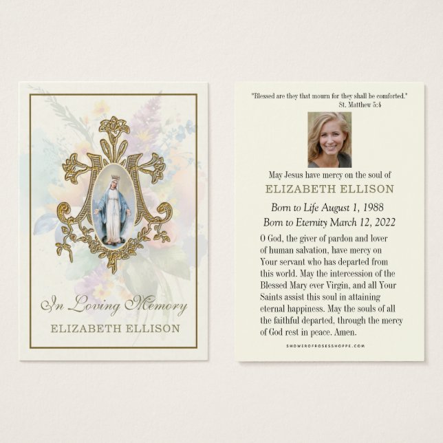 Floral Marian Cross Virgin Mary Oração Funeral (Frente & Verso)