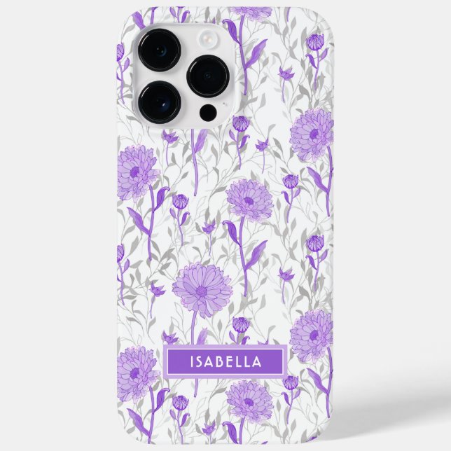 Floral Modern Girly Purple Flowers Nome Na moda (Verso)
