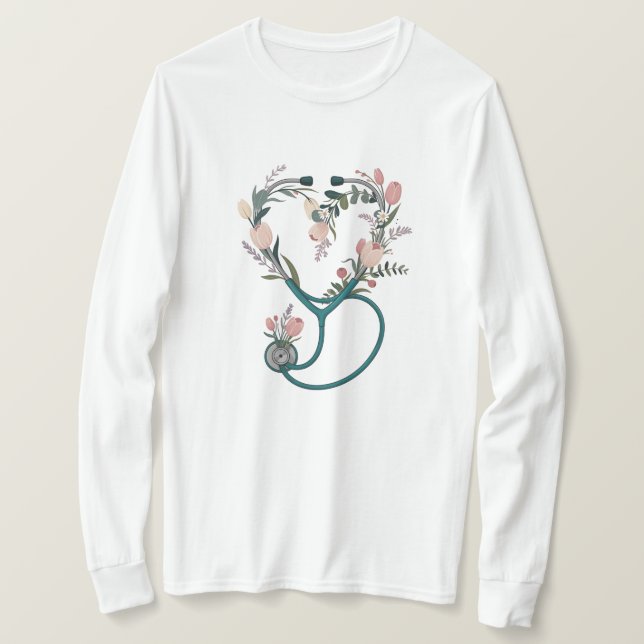 Floral Nurse Stethoscope T-Shirt – Soft Pastel  (Frente do Design)