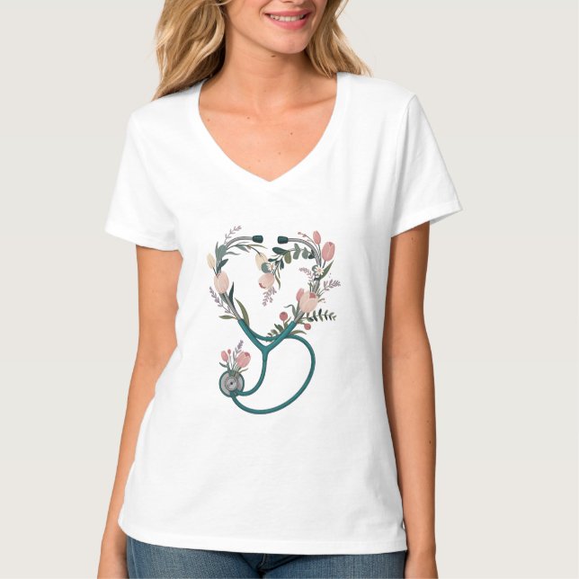 Floral Nurse Stethoscope T-Shirt – Soft Pastel  (Frente)